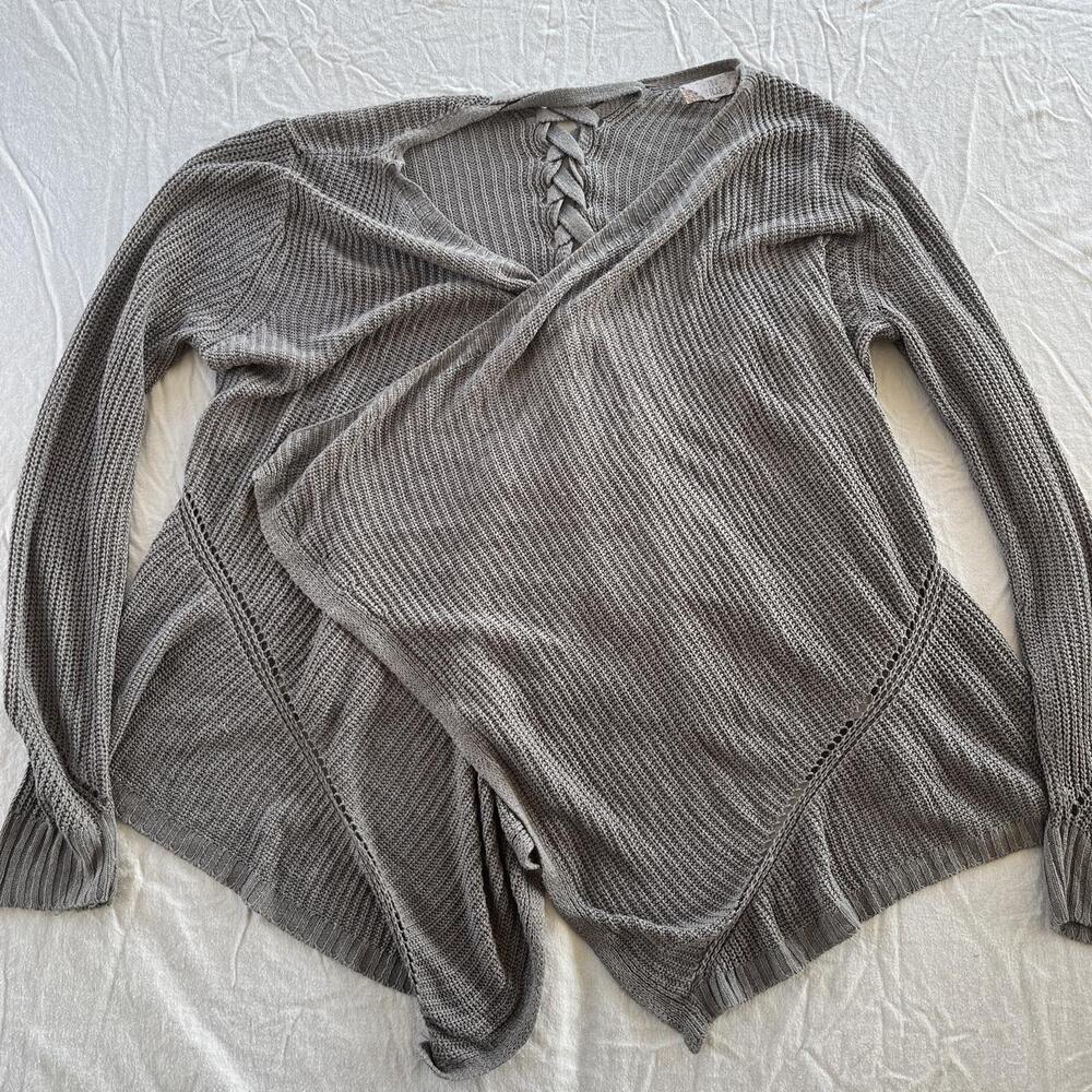 Pink rose Gray ribbed knit womens cardigan lace up and asymmetrical hem, size L